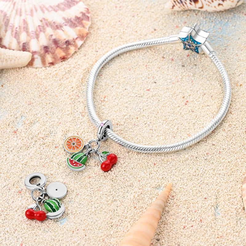 925 Sterling Silver Strawberry Cherry Apple Avocado Fruit Charms Pendants Fit DIY 925 Original BraceletS Birthday Jewelry