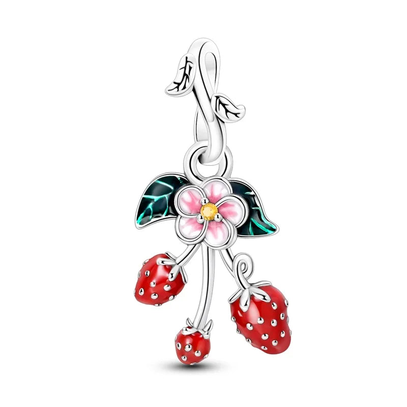925 Sterling Silver Strawberry Cherry Apple Avocado Fruit Charms Pendants Fit DIY 925 Original BraceletS Birthday Jewelry