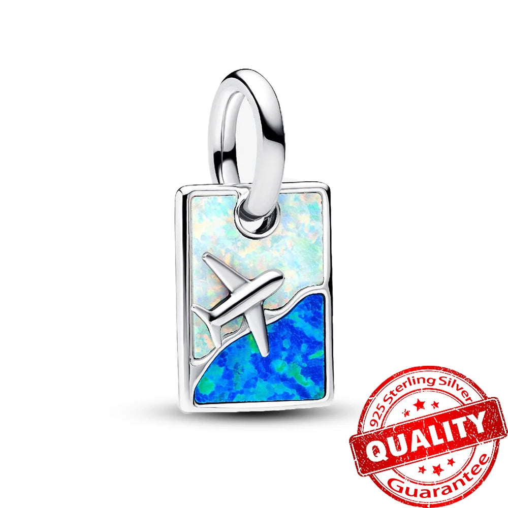 Summer 925 Sterling Silver Ocean Blue Pave Clip & Blooming Peach Blood Red Rose Charm Fit Original Bracelet Necklace Jewelry