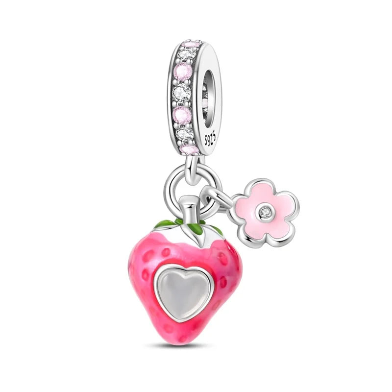 925 Sterling Silver Strawberry Cherry Apple Avocado Fruit Charms Pendants Fit DIY 925 Original BraceletS Birthday Jewelry