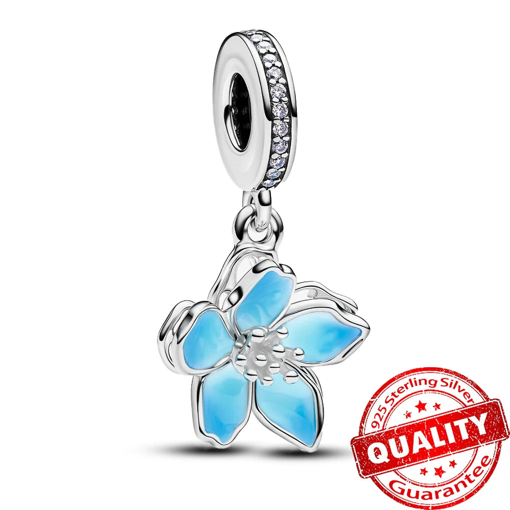 Summer 925 Sterling Silver Ocean Blue Pave Clip & Blooming Peach Blood Red Rose Charm Fit Original Bracelet Necklace Jewelry