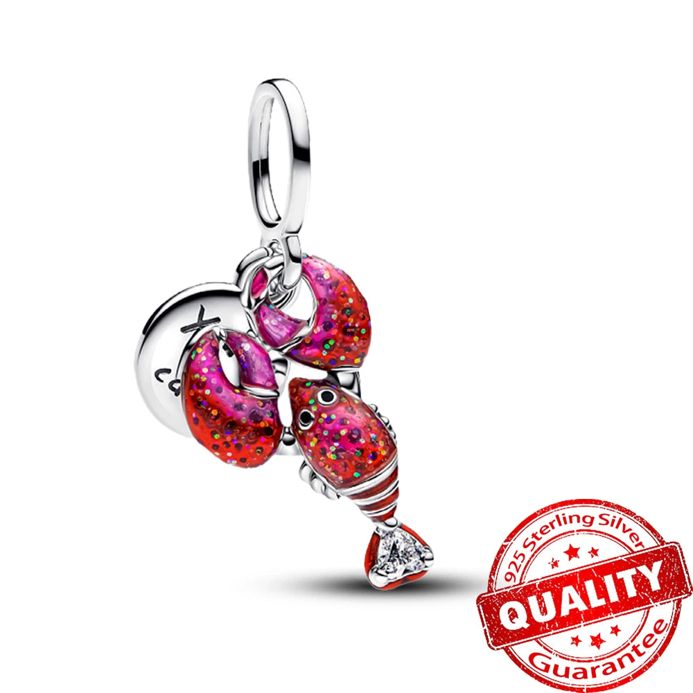 Summer 925 Sterling Silver Ocean Blue Pave Clip & Blooming Peach Blood Red Rose Charm Fit Original Bracelet Necklace Jewelry