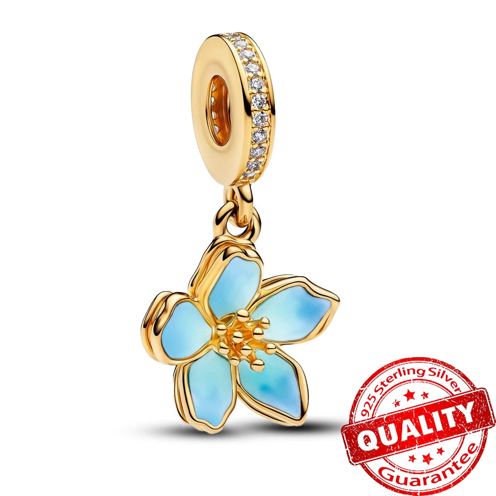 Summer 925 Sterling Silver Ocean Blue Pave Clip & Blooming Peach Blood Red Rose Charm Fit Original Bracelet Necklace Jewelry