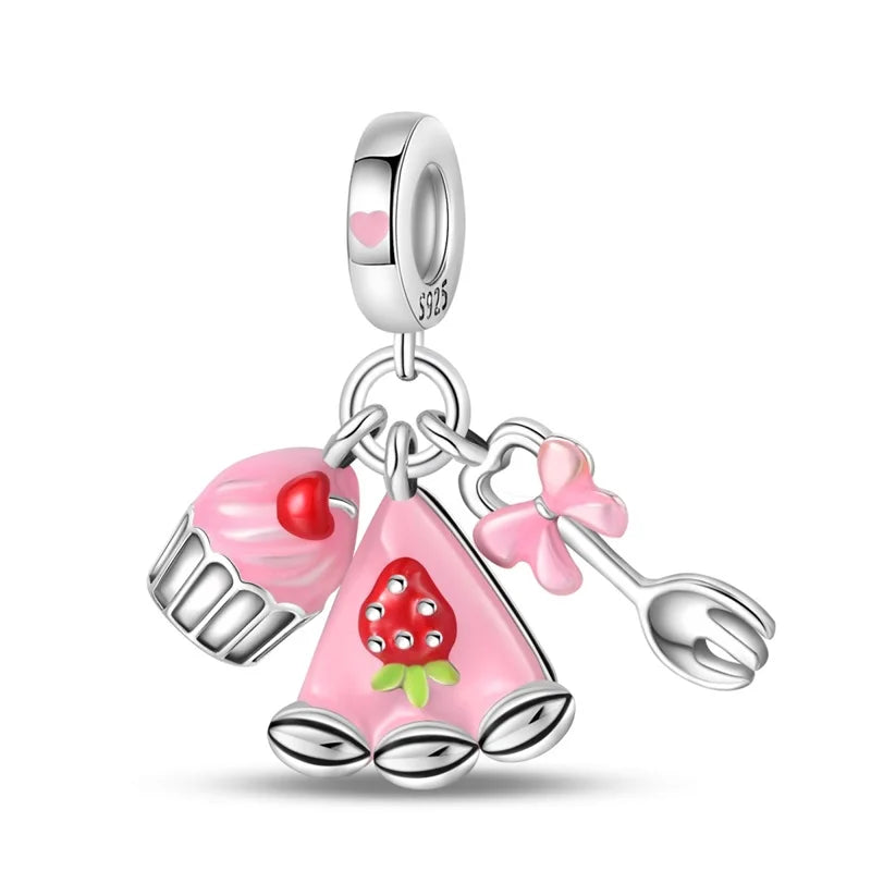 925 Sterling Silver Strawberry Cherry Apple Avocado Fruit Charms Pendants Fit DIY 925 Original BraceletS Birthday Jewelry