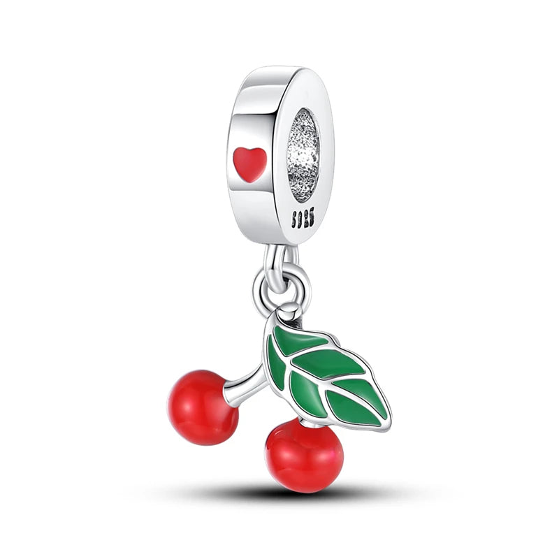 925 Sterling Silver Strawberry Cherry Apple Avocado Fruit Charms Pendants Fit DIY 925 Original BraceletS Birthday Jewelry