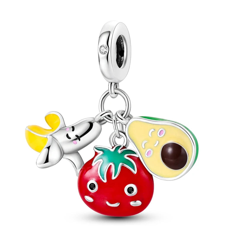 925 Sterling Silver Strawberry Cherry Apple Avocado Fruit Charms Pendants Fit DIY 925 Original BraceletS Birthday Jewelry