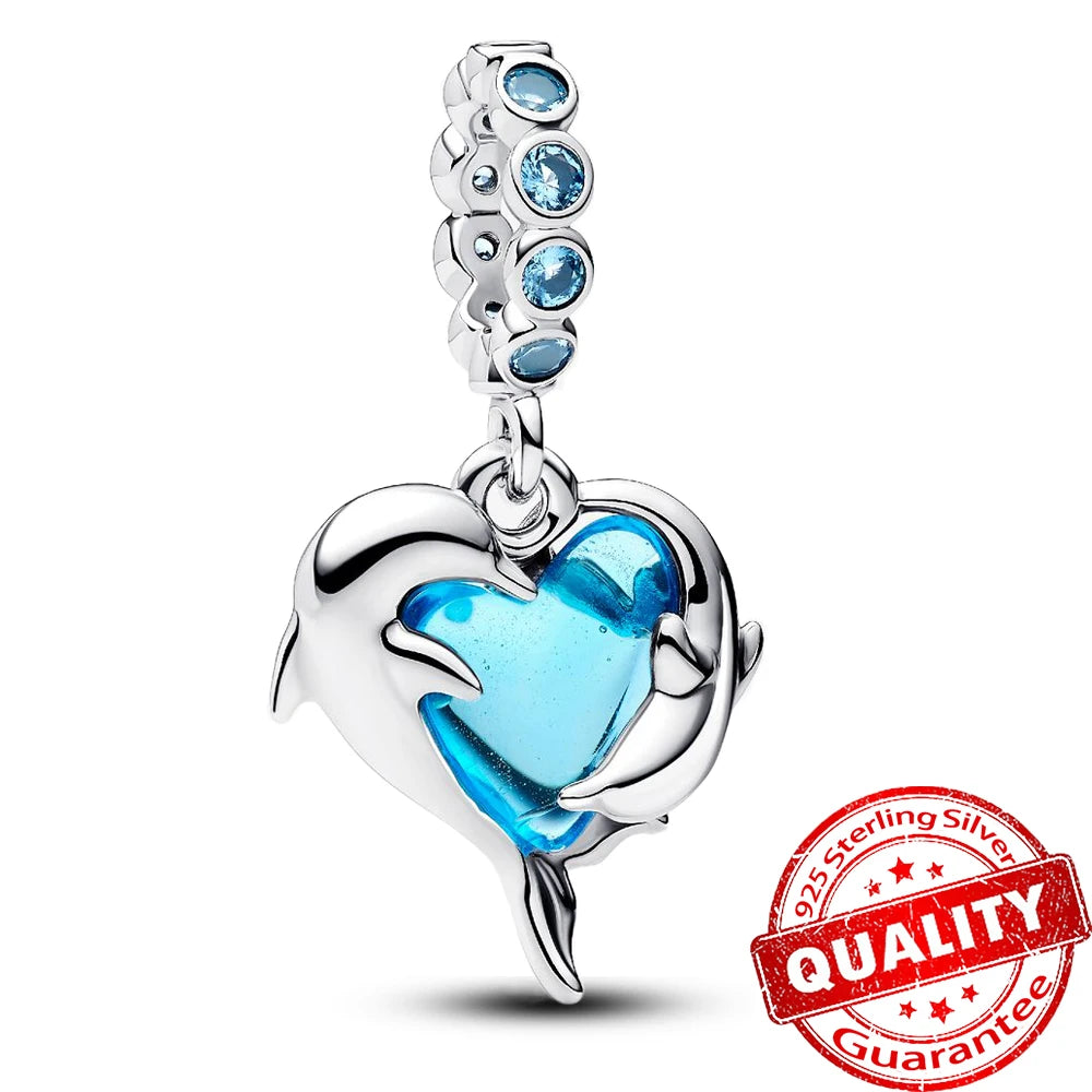 Summer 925 Sterling Silver Ocean Blue Pave Clip & Blooming Peach Blood Red Rose Charm Fit Original Bracelet Necklace Jewelry