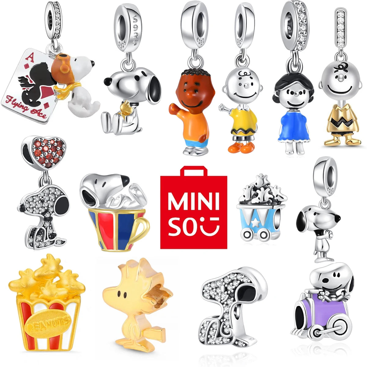 MINISO NPEANUTS@ Snoopy Charlie Brown Linus Van Pelt Peppermint Patty Pendant Original 925 Silver Charm Fit Bracelet For Women
