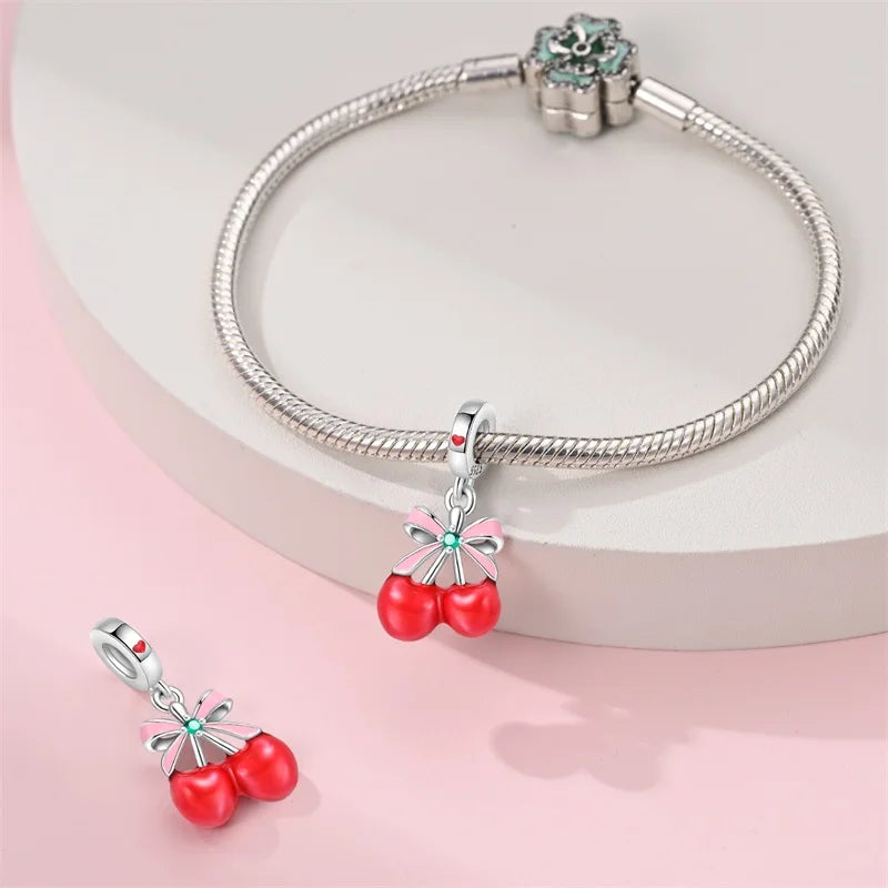 925 Sterling Silver Strawberry Cherry Apple Avocado Fruit Charms Pendants Fit DIY 925 Original BraceletS Birthday Jewelry