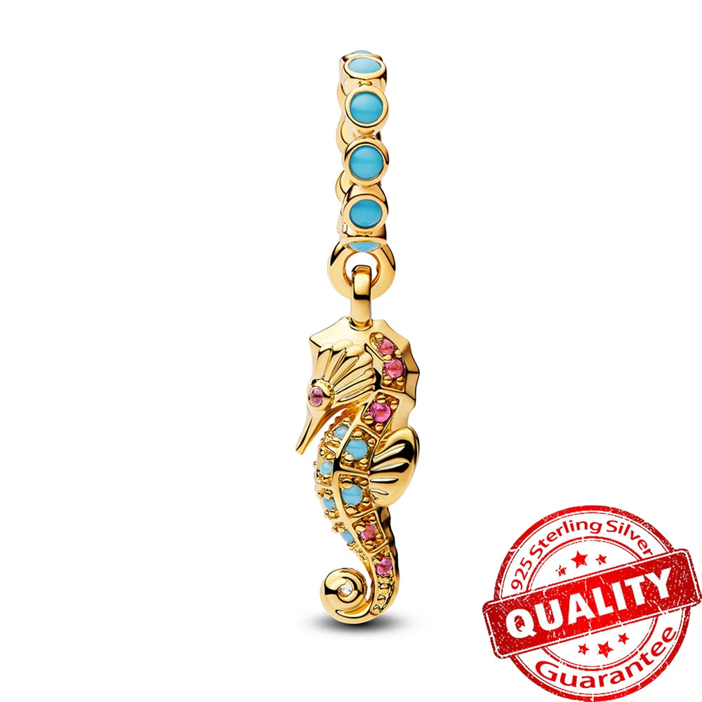 Summer 925 Sterling Silver Ocean Blue Pave Clip & Blooming Peach Blood Red Rose Charm Fit Original Bracelet Necklace Jewelry