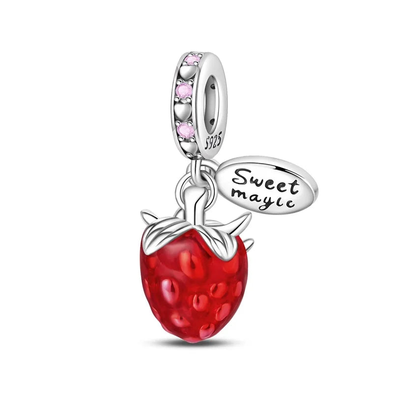 925 Sterling Silver Strawberry Cherry Apple Avocado Fruit Charms Pendants Fit DIY 925 Original BraceletS Birthday Jewelry