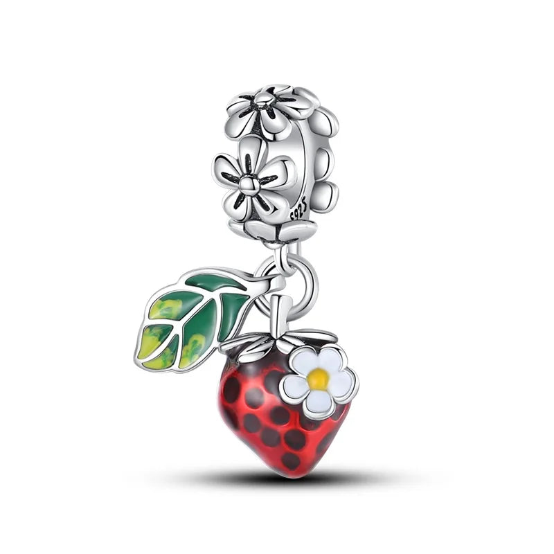 925 Sterling Silver Strawberry Cherry Apple Avocado Fruit Charms Pendants Fit DIY 925 Original BraceletS Birthday Jewelry