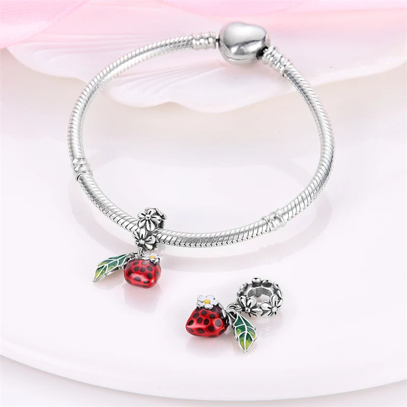925 Sterling Silver Strawberry Cherry Apple Avocado Fruit Charms Pendants Fit DIY 925 Original BraceletS Birthday Jewelry